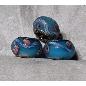 NEW SET OF 3 PANDORA MURANO BEADS TRANSLUCENT PALE BLUE W/PINK FLOWERS & WHITE &